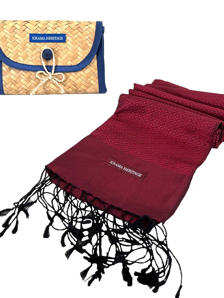 The Purple Diamond Krama in its palm leaf case - Woman for wholesale by Krama Heritage