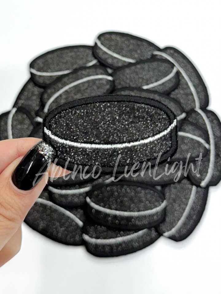 2” hockey puck glitter embroidery patch iron on for wholesale by ABLNco