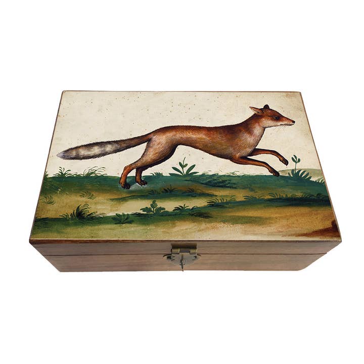 Madison Bay Co. - Historical Home Decor Reproductions - Vente Boîtes décoratives - Boîte à bibelots en bois vintage décorative avec renard roux aquarelle1