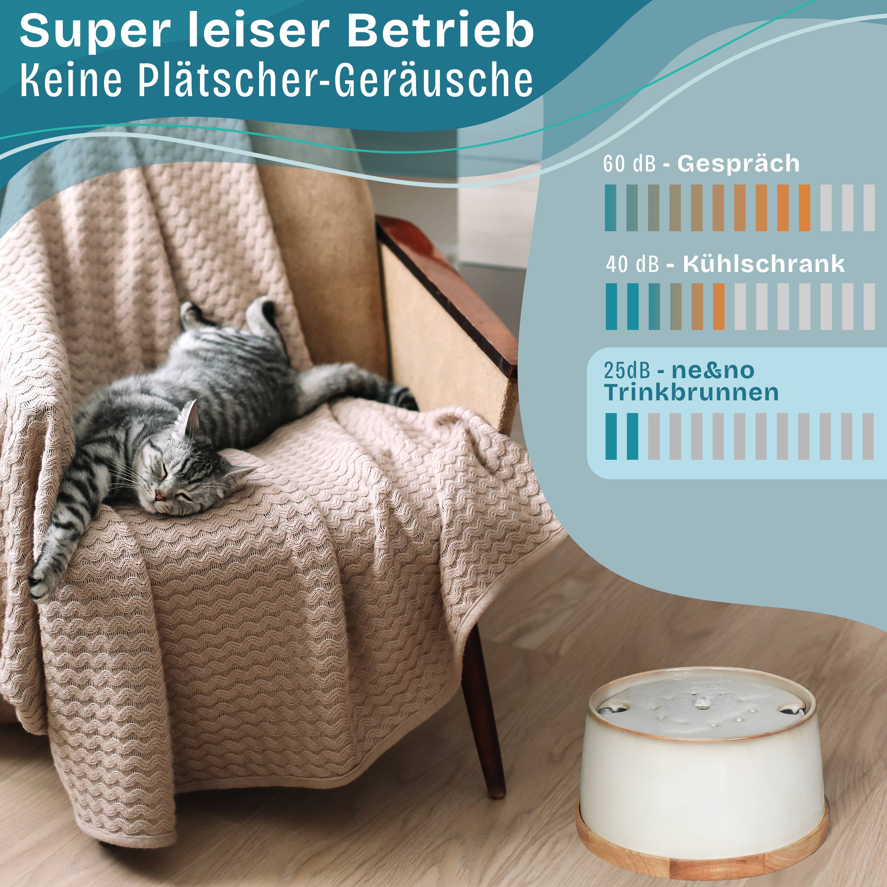 ne&no – Großhandel Futternapf – Katze/Hund – ne&no® Keramik Trinkbrunnen + Bambus-Basis I Induktion6