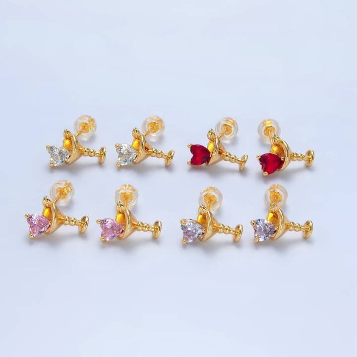 Boucles d'oreilles clous en forme de boisson alcoolisée Martini avec cœur en CZ violet, rouge, clair, rose, plaqué or 24K | P143 P150 P163 P163 pour la vente par Aim Eternal