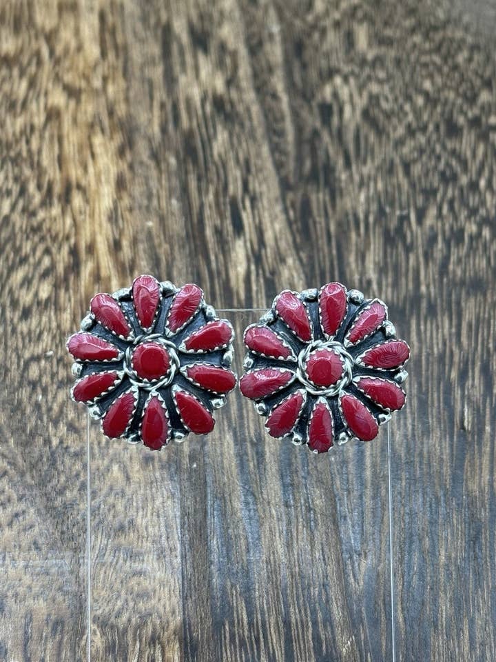Native American Navajo Handmade Sterling Silver Red Coral Cluster Stud Earrings for wholesale by Native City Jewelry