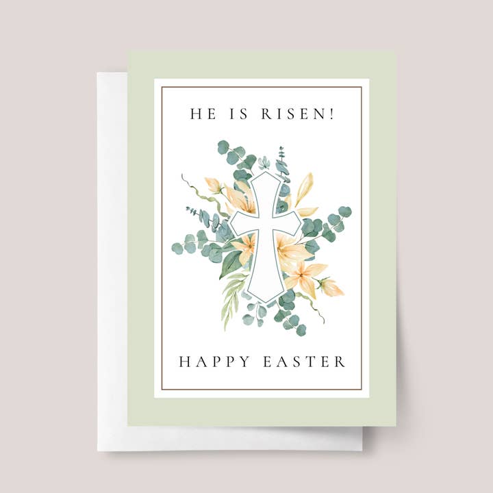 Cartão de Páscoa religioso com cruz verde e flores por atacado de Design Sprinkles