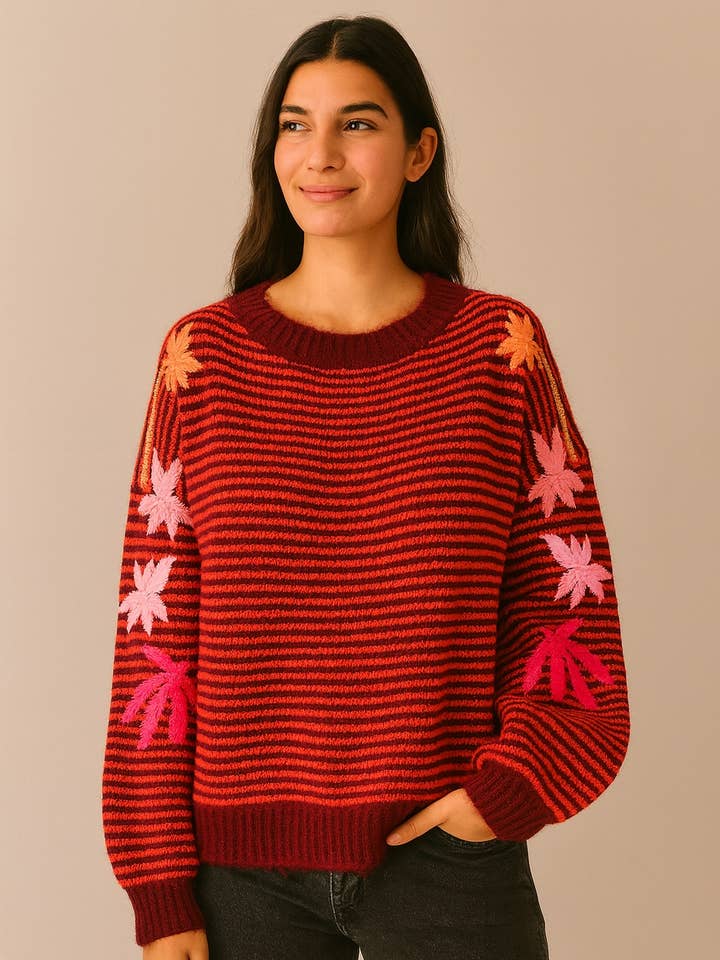 🔥 Oversized striped sweater with floral embroidery AP148 WINE for wholesale by Afinity