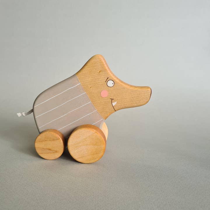 Handcrafted Birch Wood Pull and Push Toy Little Wild Boar for wholesale by Friendly Toys