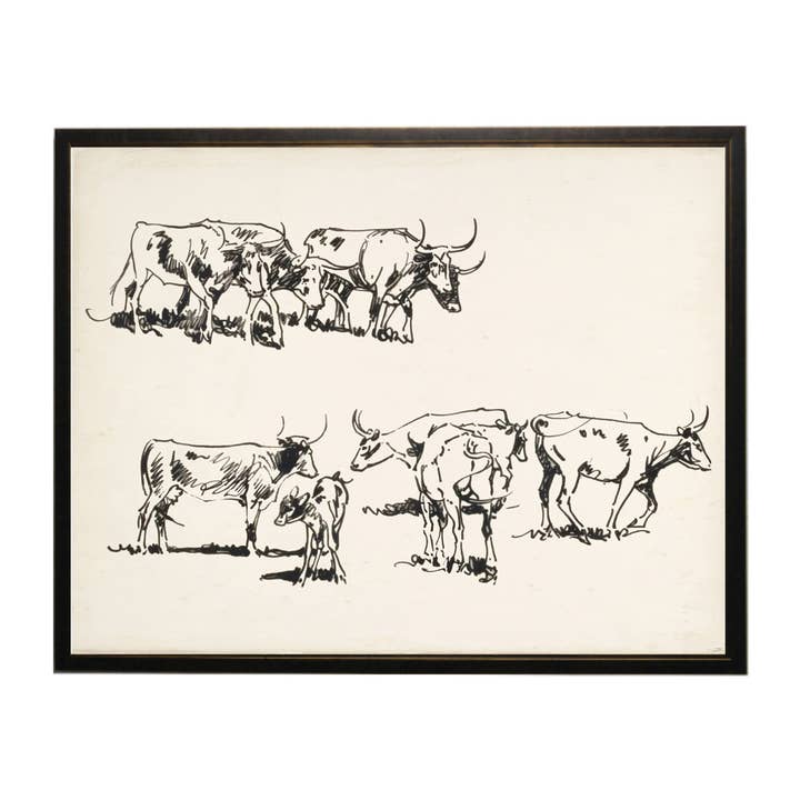 Vintage oil painting of longhorn cattle for wholesale by Antique Curiosities Inc