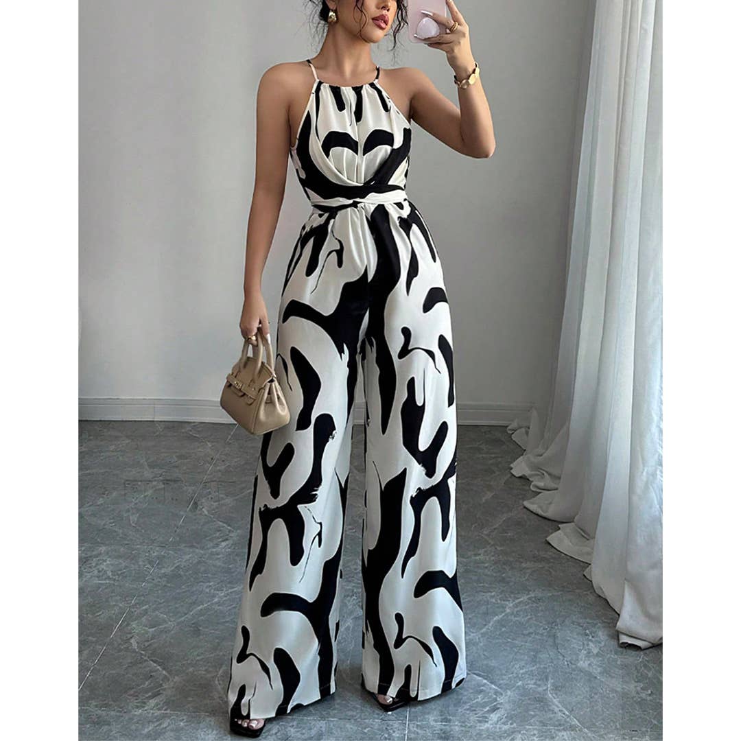 Noir Combinaison large à dos noué avec imprimé zèbre UNISHE en vente sur Faire4