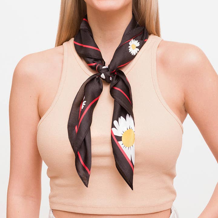 Hana - Wholesale Bandana - Women's - Floral Print with Square Outline Silky Bandana