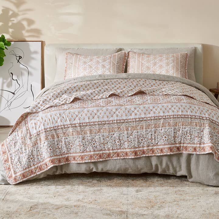 Gold Boho Printed Bordered Quilt Set with Shams for wholesale on Faire