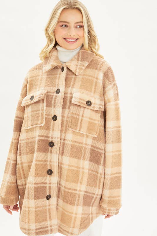 BNS - Wholesale Shirt Jacket/Shacket - Women's - Plaid Print Drop Shoulder Teddy Shacket w/Pockets14