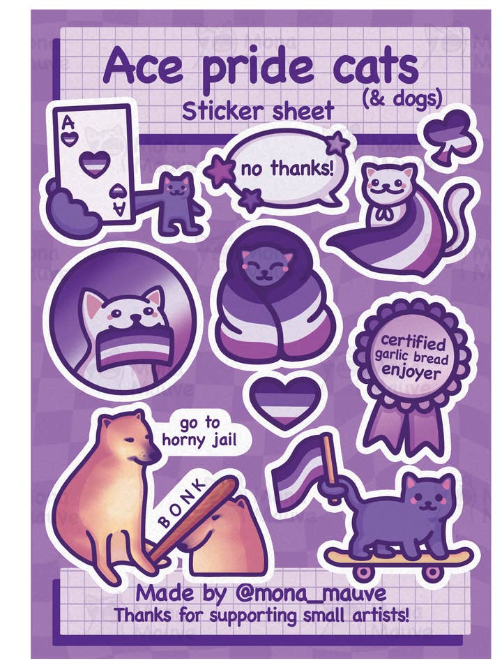 Asexual Pride Cats Sticker Sheet | 10 Cute Vinyl Stickers for wholesale by Mona Mauve • Silly Art!