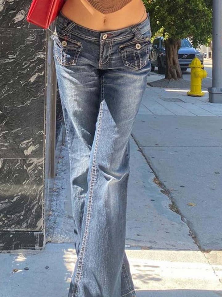 Blue Pocketed Low-waisted Flares Jeans for wholesale on Faire2