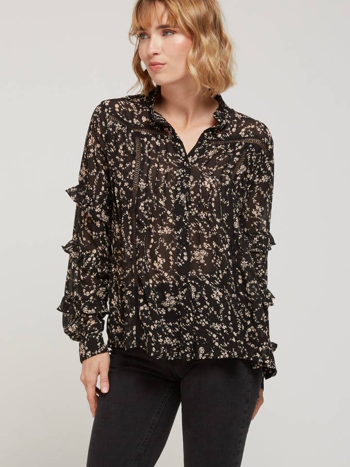 AISHA - Black georgette blouse with ruffles for wholesale by Andy & Lucy