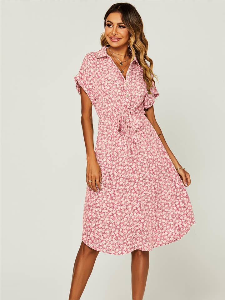 Relaxed Floral Print Button Down Midi Shirt Dress In Pink for wholesale on Faire