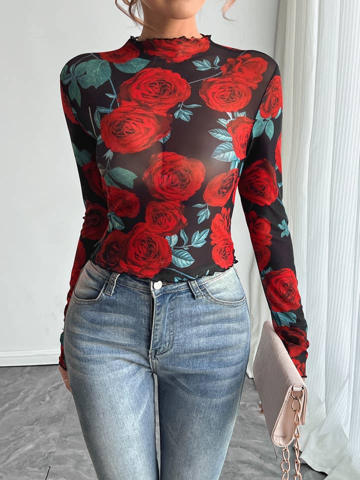 Rose Print Sheer Mesh Top for wholesale by Hope & Sunshine