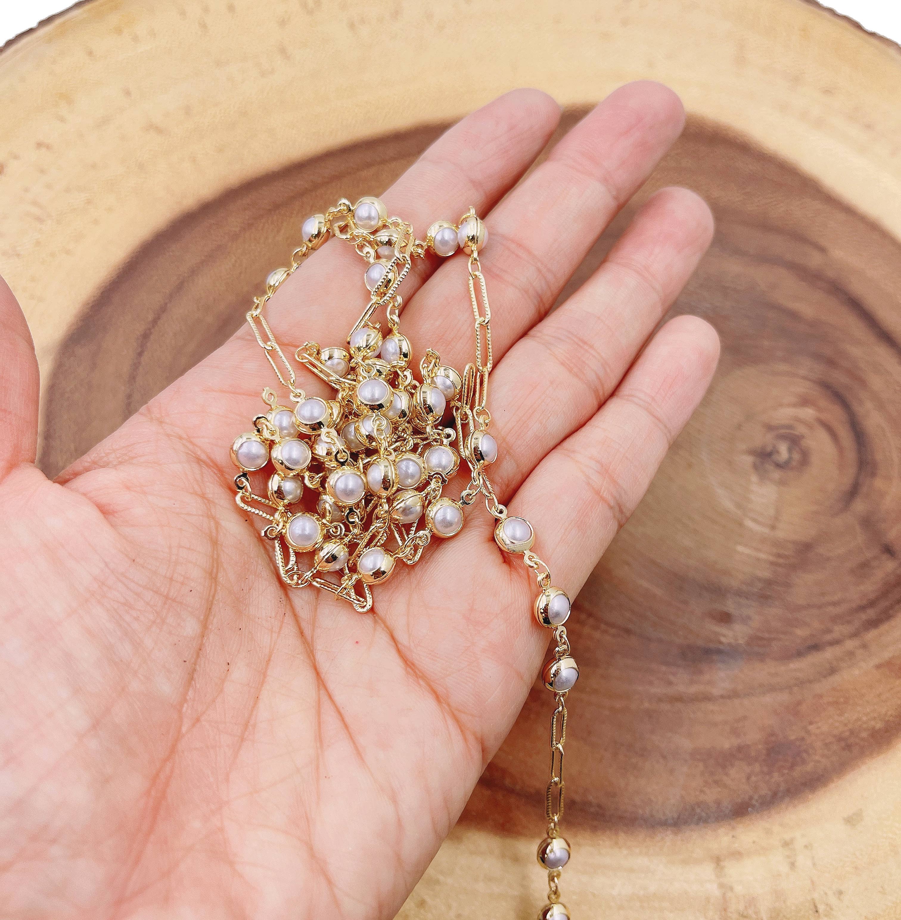 Beads Creation – wholesale Beads – White Pearl Heart Chain, MOP Pearl Chain by Foot, CH2964