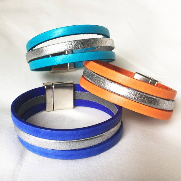 Pulsera de cuero de color y plateada con cierre magnético para venta al por mayor de Aramance