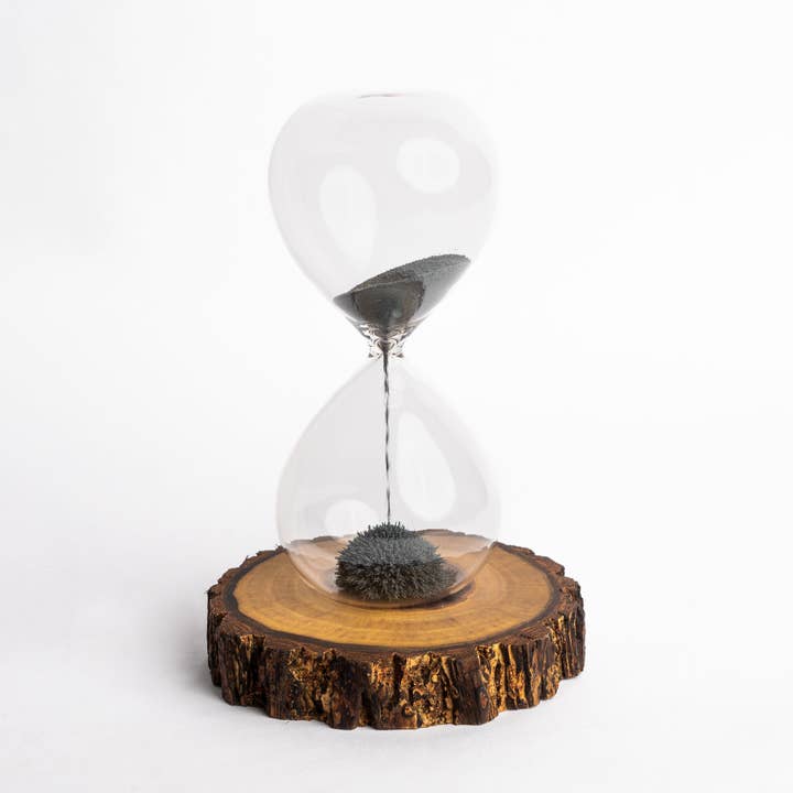Blackswan Hourglass – wholesale Decorative tabletop object – Magnetic Sand Timer with Live Edge Walnut Base