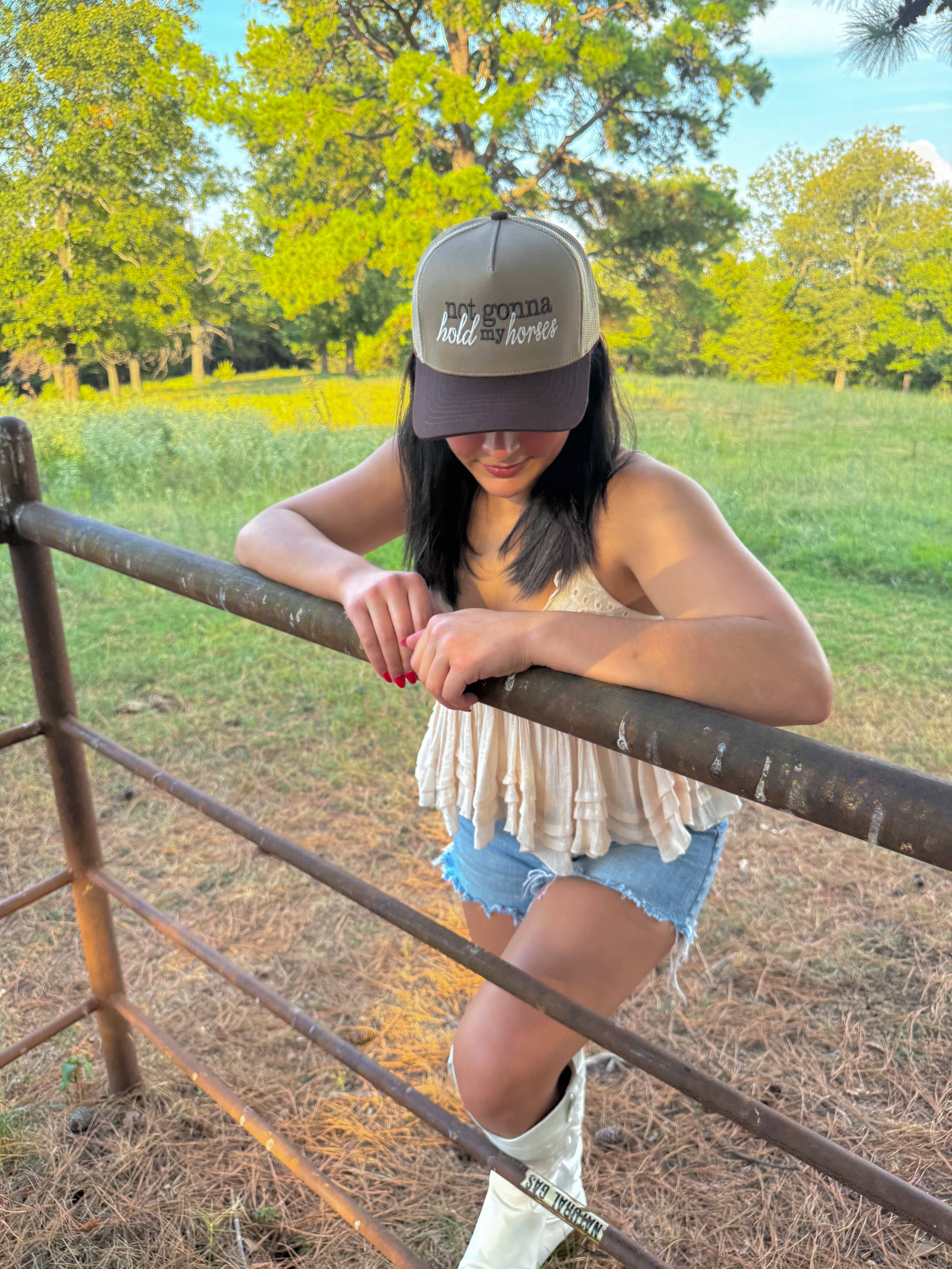 Brown Hold Horses Embroidered Trucker Hat for wholesale on Faire1