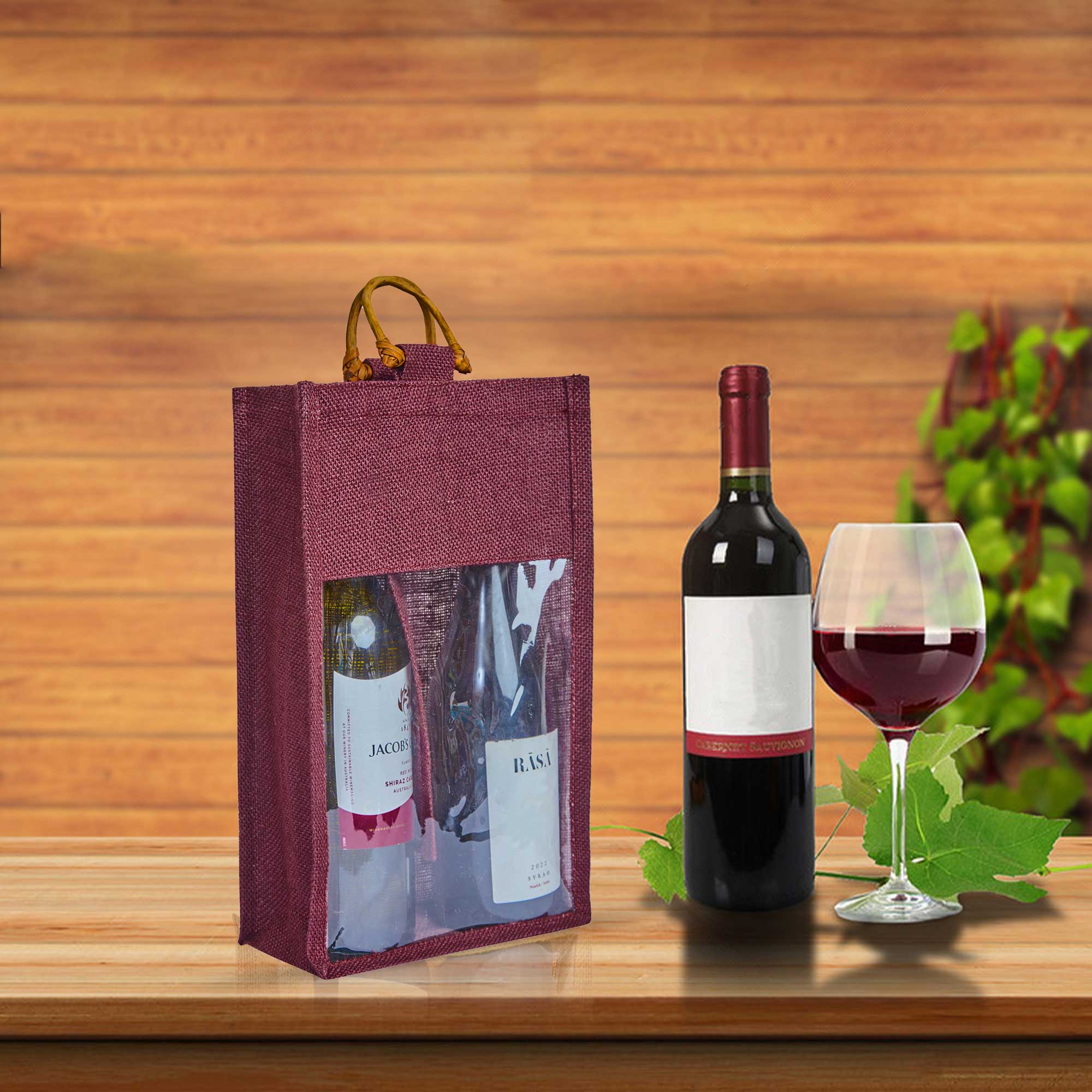 ecojutebags – wholesale Wine gift bag – 6-Pack Burlap Wine Bags with Cane Handle & Clear PVC Window7