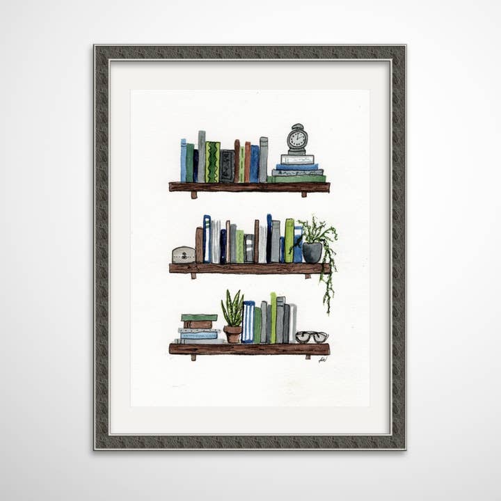 Bookshelves - Pen and Watercolor Archival Art Print for wholesale by Alyssa Whetstone Art