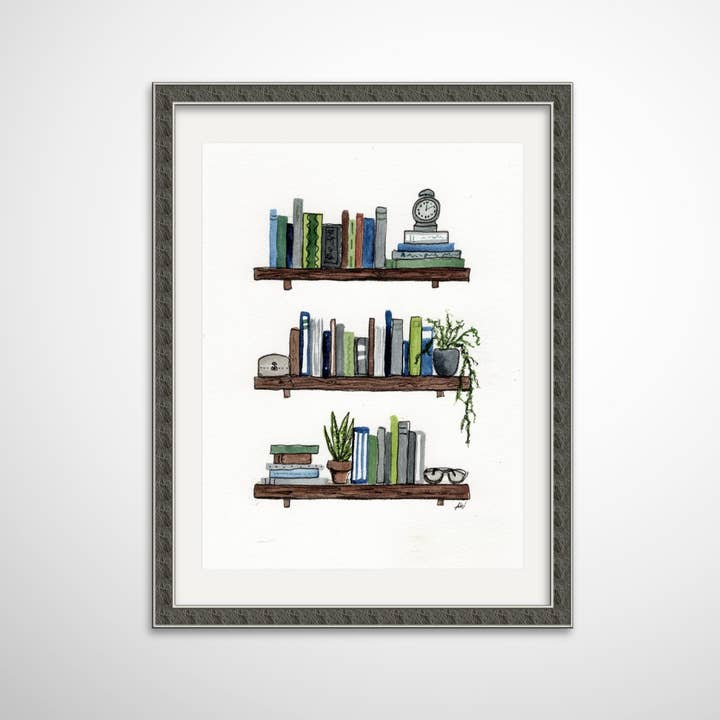 Bookshelves - Pen and Watercolor Archival Art Print for wholesale by Alyssa Whetstone Art