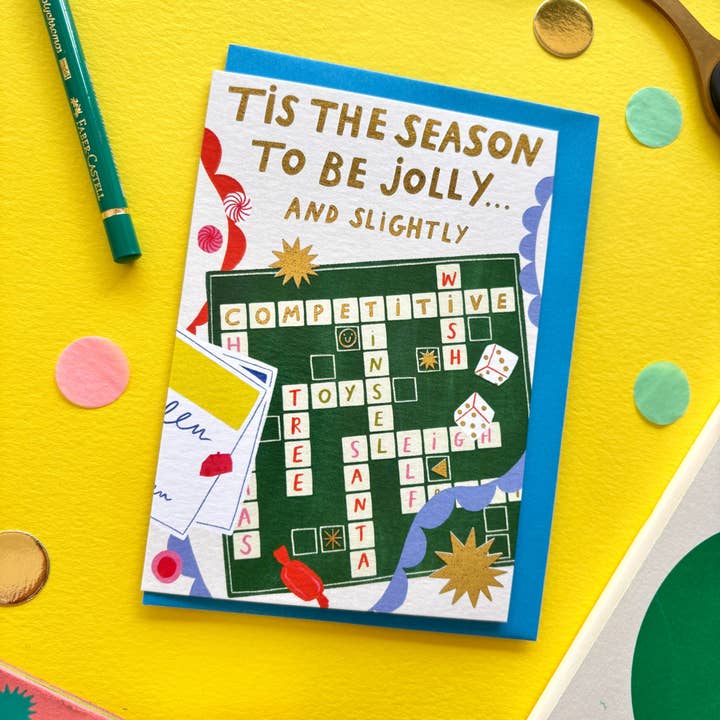 Kerrie Illustrates - Wholesale Christmas Card - Tis the Season to Be Jolly...and Slightly Competitive Christmas Card | Scrabble-Inspired Holiday Game Christmas Card | Families & Friends Funny Christmas Card2