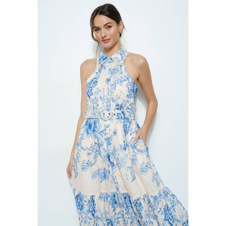 BLUE MULTI Floral Eyelet Halter Midi Dress for wholesale on Faire