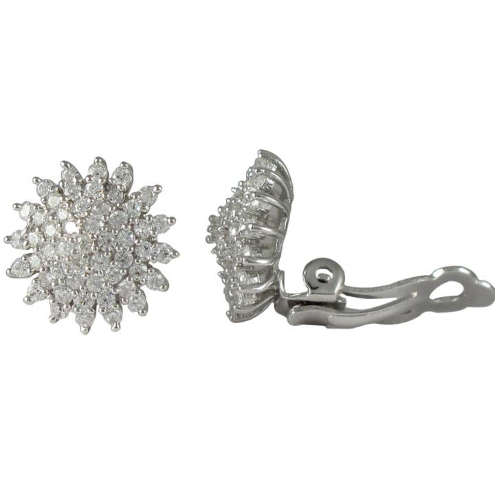 Rhodiumbelagt sølv Starburst CZ Circle Clip øreringe for engroshandel hos Dlux Jewels