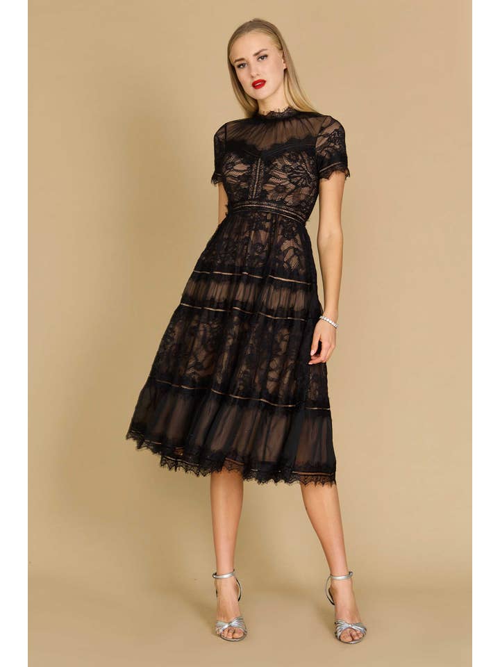 Black Midi Lace Short Sleeve Cocktail Dress for wholesale on Faire