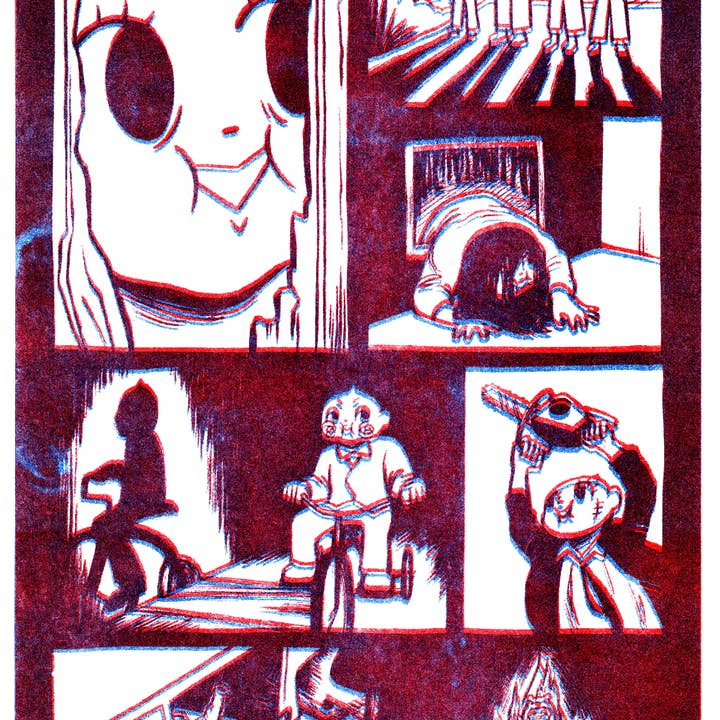 RED & BLUE HORROR KEWPIE COMIC // RISOGRAPH PRINT for wholesale by Mo McMasters