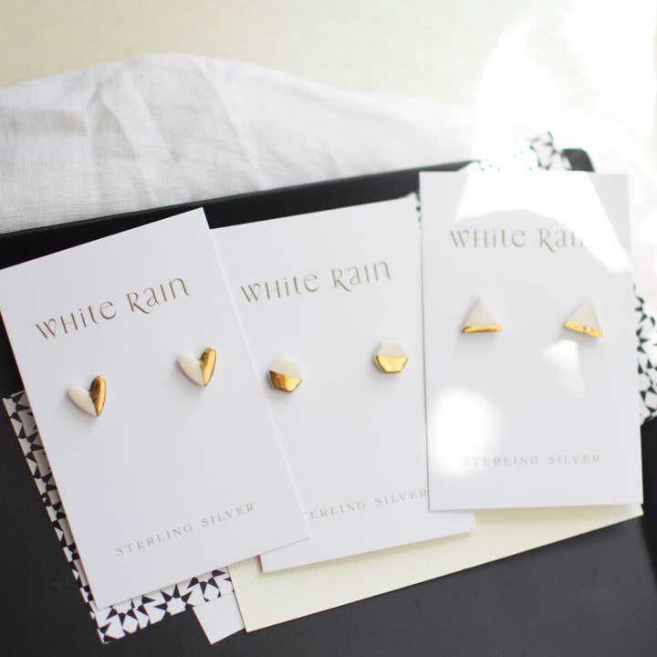 White Ceramic Studs With Gold Lustre for wholesale by White Rain Ceramics