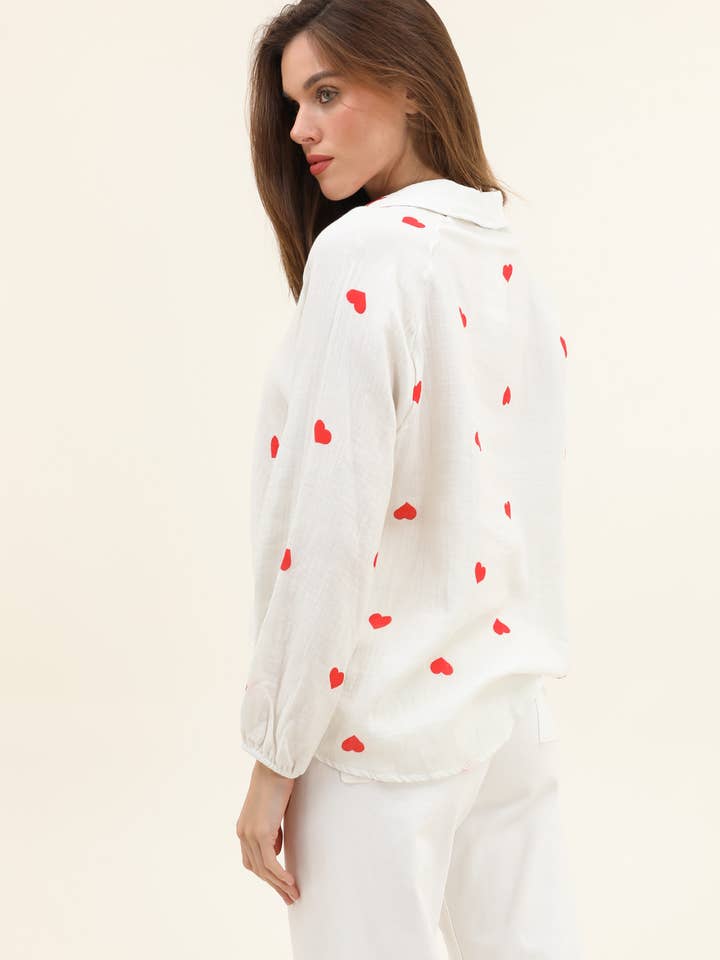 Moonsun - Wholesale Blouse - Women's - French collar allover heart print cotton gauze blouse3