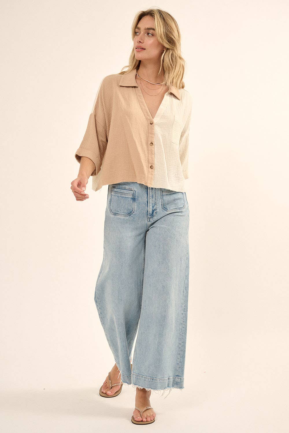 Promesa USA - Vendita all'ingrosso Camicia button down - Donna - Camicia con orlo grezzo in cotone increspato a blocchi di colore21