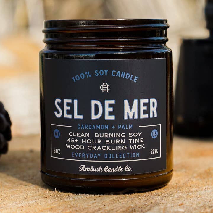 Sel De Mer | Cardamom + Palm 8oz Soy Candle for wholesale by Ambush Candle Co.
