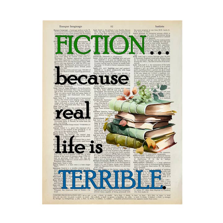 Fiction because real life | Bookish Print | Vintage Book Art for wholesale by Bookish Birds