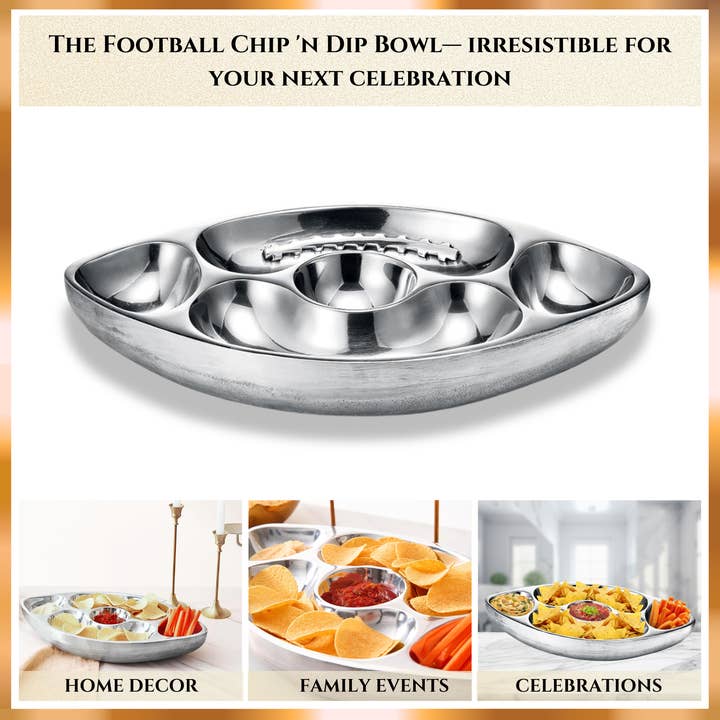 The Wine Savant / Khen Glassware – wholesale Serving bowl – Football Chip and Dip Serving Snack Bowl, Silver Brass1