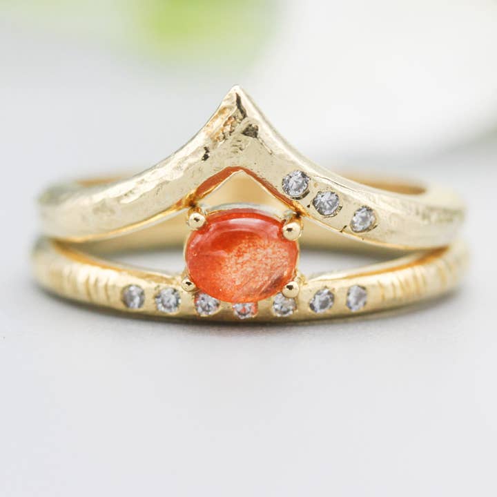 Conjunto de 2 Anéis de Pedra do Sol Oval com Diamantes em Banda de Ouro 14k por atacado de Metal Studio Jewelry