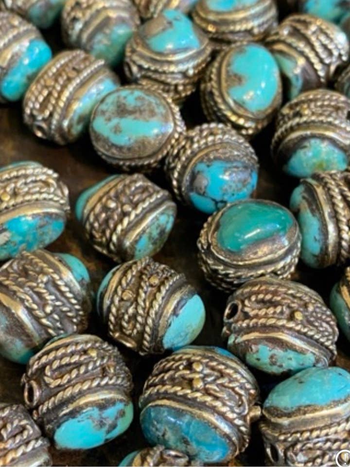 Turquoise bead, handcrafted,Tibetan turquoise, white metal for wholesale by Third eye jewelry inc.