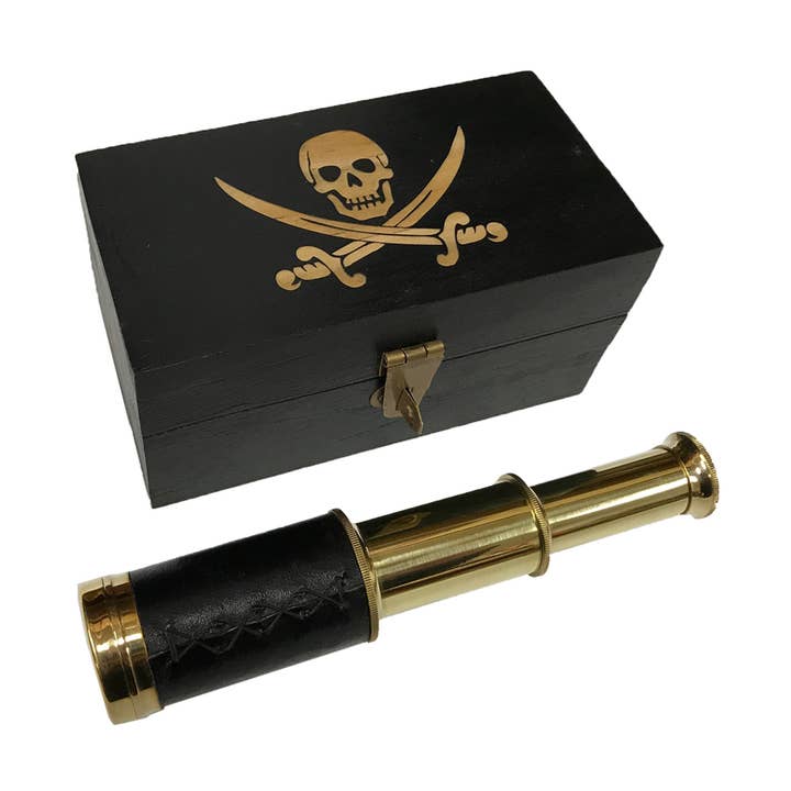 Pirate Jack Rackham Flag Wood Box & Brass Telescope, 5" for wholesale by Madison Bay Co. - Historical Home Decor Reproductions