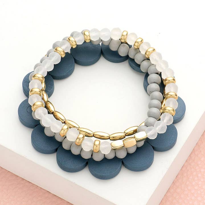 4PCS - Wood Ball Faceted Beaded Stretch Bracelets for wholesale by Sensibling Corp.