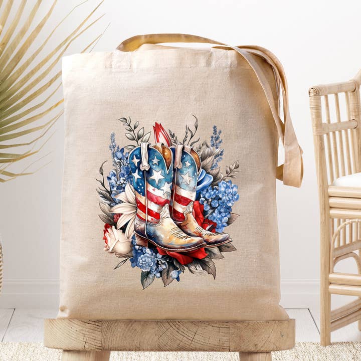 American Flag Floral Cowboy Boots - Farm - Canvas Tote Bag for wholesale by Dark Horse Dream Designs LLC