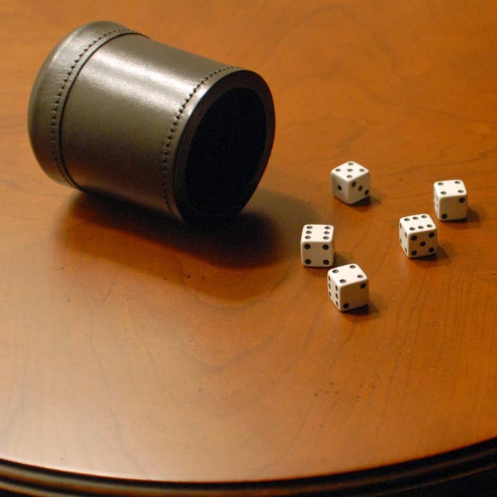 Black WE Games Professional, Leather Dice Cup Set - 5 Dice, Instructions for 10 Dice Games & Cloth Carry Bag for wholesale on Faire33