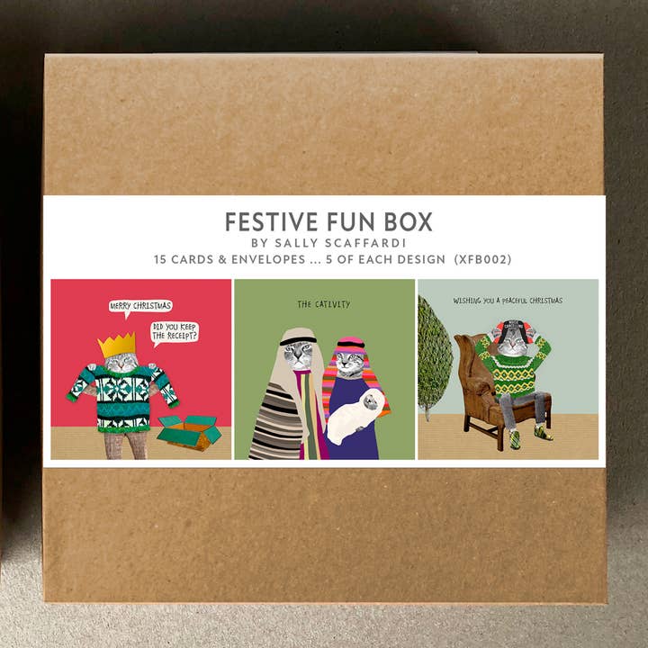 Festive Fun Box, caja mixta de 15 tarjetas navideñas (gatos) para venta al por mayor de Sally Scaffardi Design