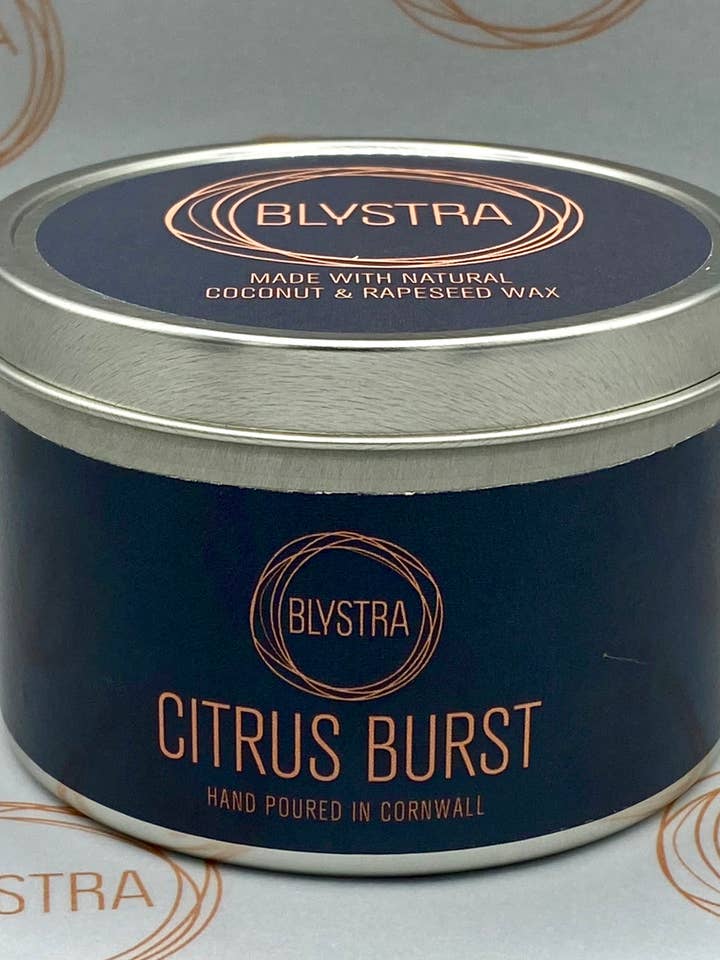 Citrus Burst Hand-poured Tin Candle for wholesale by Blystra candles
