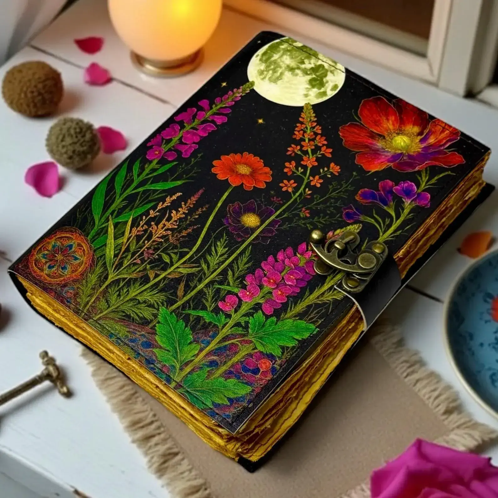 MNM HANDICRAFTS – Engroshandel Dagbog – Måneskin Blomstret Læderjournal Håndlavet Skyggernes Bog7