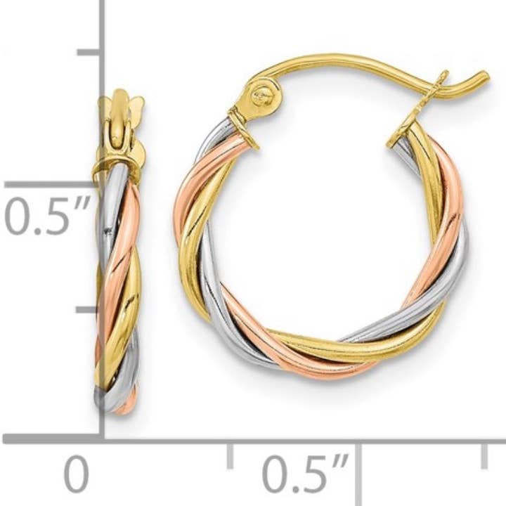 Tri-Color Polished Twisted Hoop Earrings for wholesale by AlkemeGold