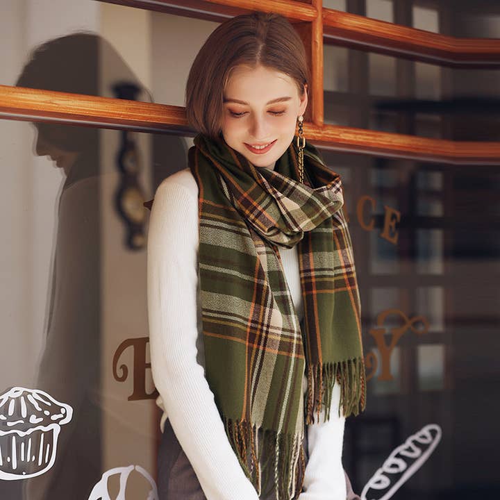 ACCITY - Wholesale Scarf - Women's - WINTER LENGTH PLAID SCARVES FRINGE SHAWL SCARF_CWASC0186