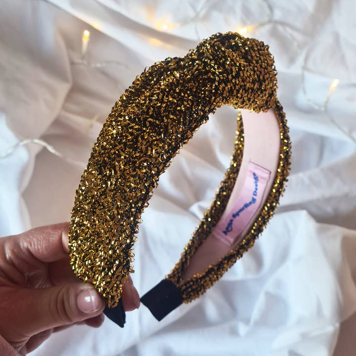 Gold Sparkle Tinsel Festive Christmas Knot Headband for wholesale by Anna Spurling Design
