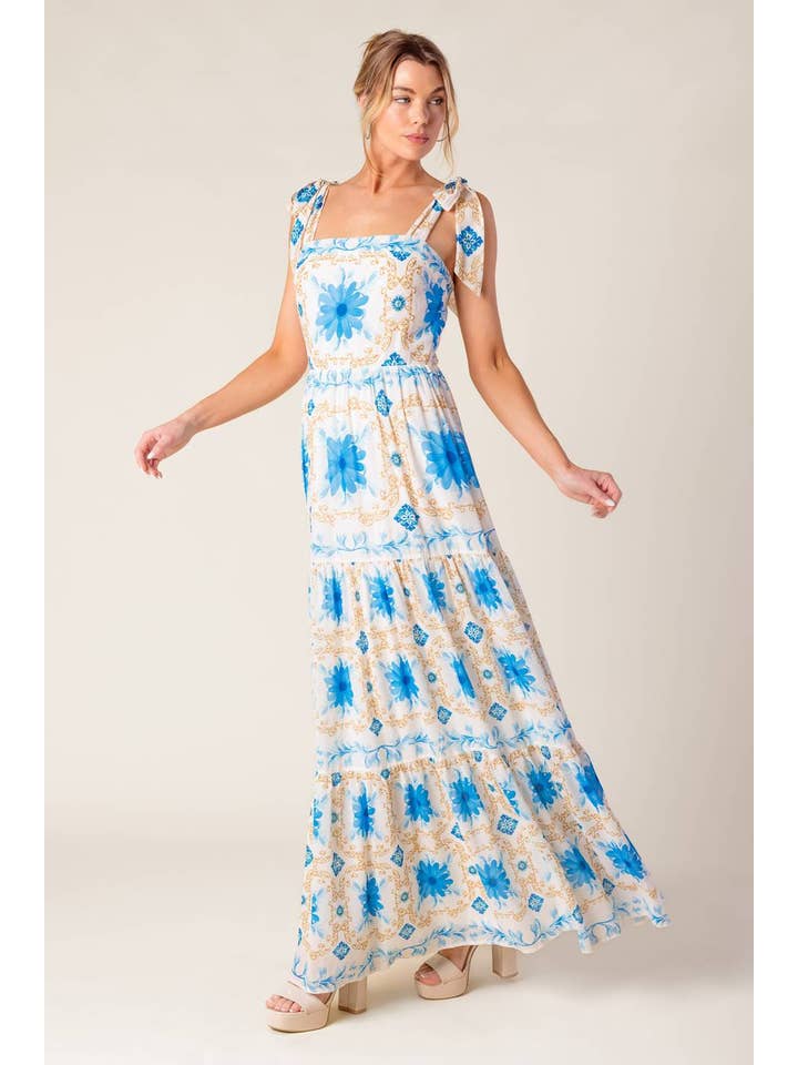 A printed woven maxi dress - ID22141 IVORY BLUE for wholesale on Faire